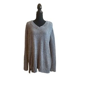 Orvis Gray Chenille Long Sleeve V-Neck Pullover Sweater Women's Large Soft